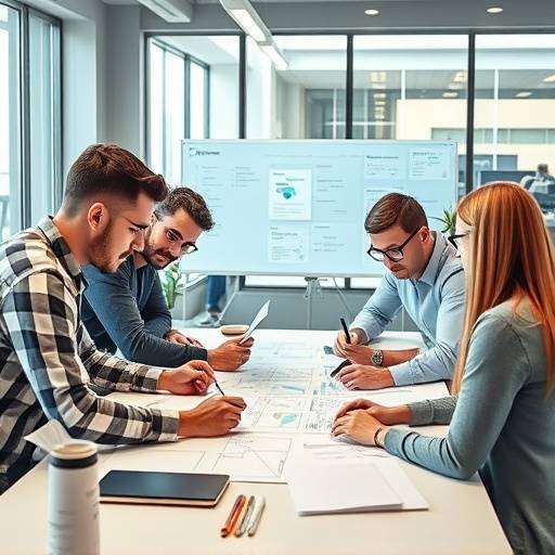Illustration of a UX design sprint team collaborating on wireframes